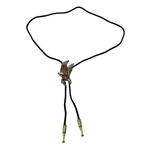 Vintage Bolo Western Tie Bald Eagle Gold Silver Retro Leather Braided Cord USA - Picture 1 of 4